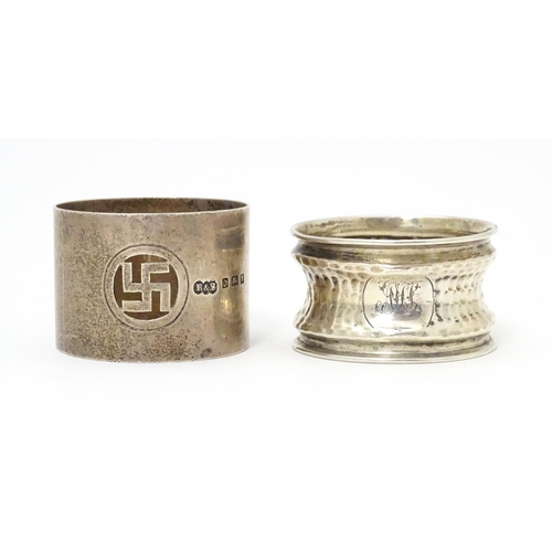 356 - Two napkin rings,  one with hammered decoration and hallmarked Birmingham 1907 maker W Turner, the o... 