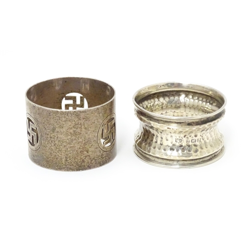 356 - Two napkin rings,  one with hammered decoration and hallmarked Birmingham 1907 maker W Turner, the o... 