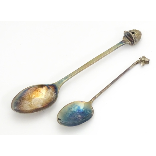 361 - Two silver teaspoons, one with handle formed as a bee and the other with handle formed as a skep / b... 