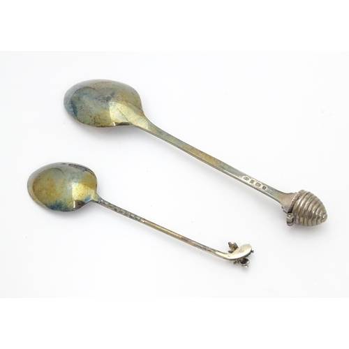 361 - Two silver teaspoons, one with handle formed as a bee and the other with handle formed as a skep / b... 