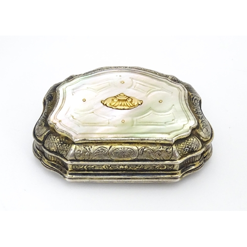 366 - A Continental silver gilt snuff box of shaped form with panels of mother of pearl, the lid decorated... 