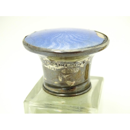 380 - A glass salts pot with silver top and blue enamel decoration Hallmarked Birmingham 1946 maker Henry ... 