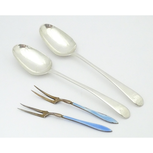 383 - Two silver spoons indistinctly marked. Together with two Scandinavian silver gilt pickle forks with ... 