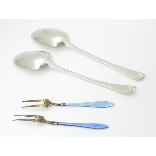 383 - Two silver spoons indistinctly marked. Together with two Scandinavian silver gilt pickle forks with ... 