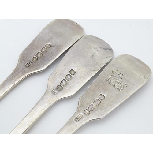 401 - Assorted Geo III and later silver spoons and forks to include three Fiddle pattern dessert forks hal... 