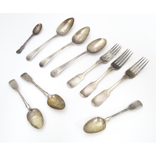 401 - Assorted Geo III and later silver spoons and forks to include three Fiddle pattern dessert forks hal... 