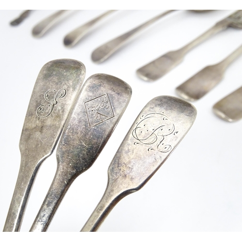 401 - Assorted Geo III and later silver spoons and forks to include three Fiddle pattern dessert forks hal... 