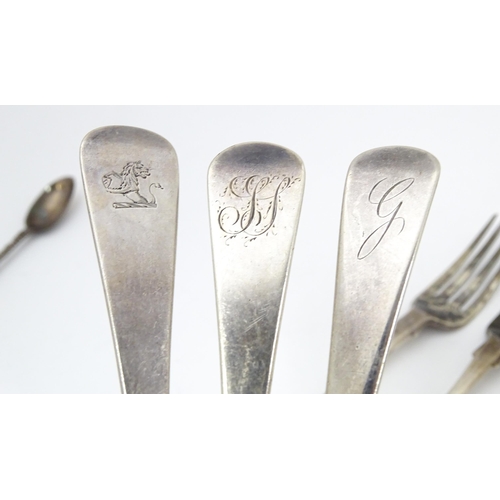 401 - Assorted Geo III and later silver spoons and forks to include three Fiddle pattern dessert forks hal... 