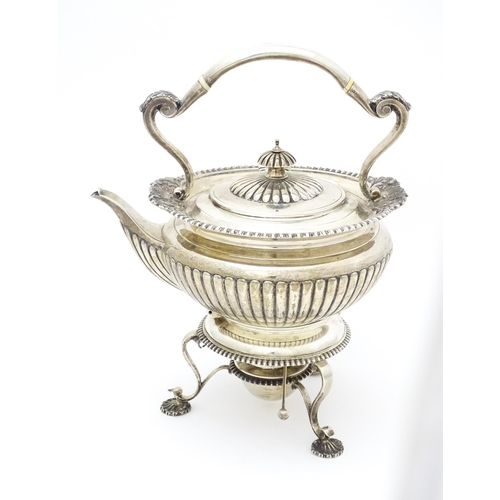 429 - A silver spirit kettle on stand with burner under, hallmarked London 1905, maker Edmond Johnson Ltd.... 