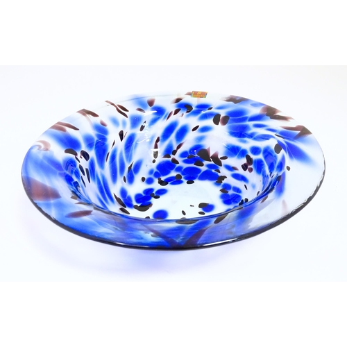 184 - An art glass centre piece bowl  with blue and clear detail. Approx 11 1/4