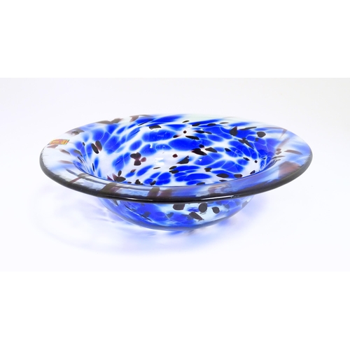 184 - An art glass centre piece bowl  with blue and clear detail. Approx 11 1/4