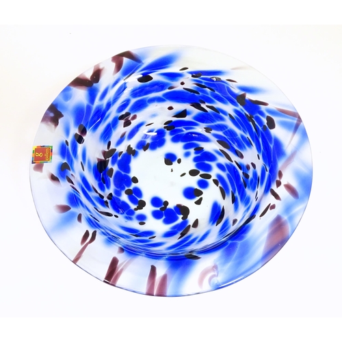 184 - An art glass centre piece bowl  with blue and clear detail. Approx 11 1/4