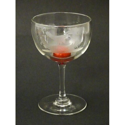 188 - Six 19thC wine glasses, each decorated with cockfighting scenes and cherry detail to the stem top. A... 