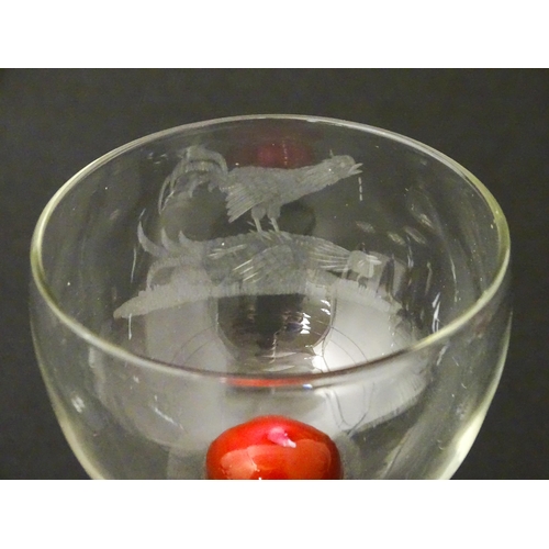 188 - Six 19thC wine glasses, each decorated with cockfighting scenes and cherry detail to the stem top. A... 