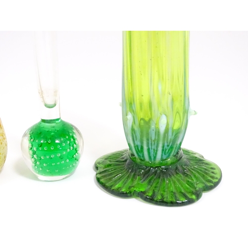 190 - Three items of art glass to include a bud vase and two other vases, one of uranium glass in the mann... 