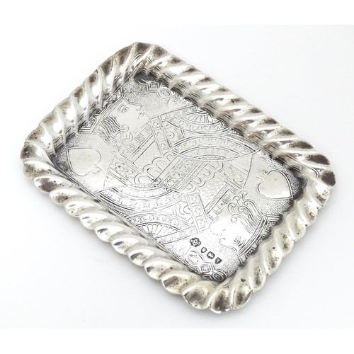 445 - A Victorian silver playing card tray with engraved King of Spades detail, hallmarked London 1894, ma... 