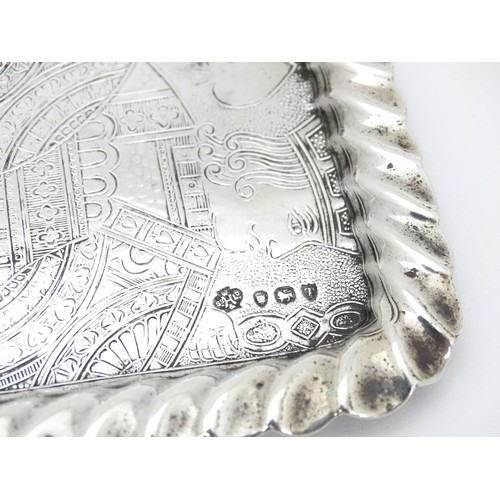 445 - A Victorian silver playing card tray with engraved King of Spades detail, hallmarked London 1894, ma... 