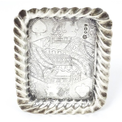 445 - A Victorian silver playing card tray with engraved King of Spades detail, hallmarked London 1894, ma... 