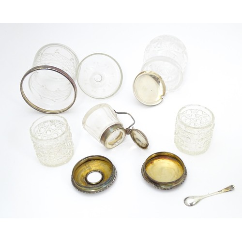 469 - Assorted items to include a cut glass preserve pot with silver lid hallmarked Sheffield 1930, maker ... 