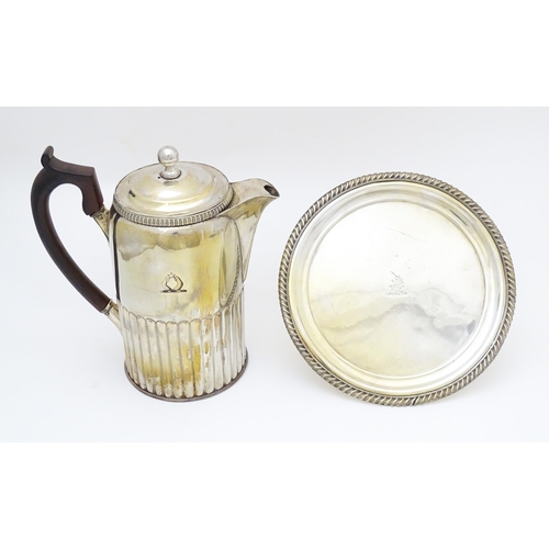 604 - Silver plate : A 19thC Old Sheffield Plate coffee pot. Together with an Old Sheffield plate card tra... 