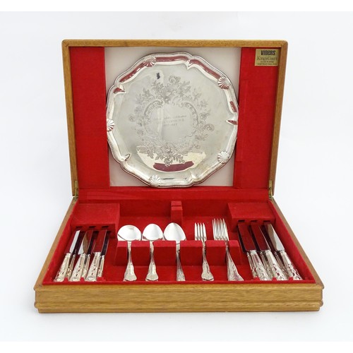 606 - A cased set of silver plate flatware / cutlery by Viner's Ltd. with salver engraved Silver Jubilee C... 