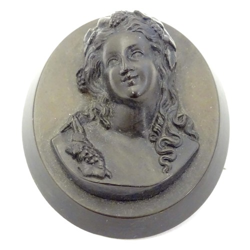 729 - A Victorian jet cameo brooch of oval form depicting a woman / bacchante with fruiting vines in her h... 