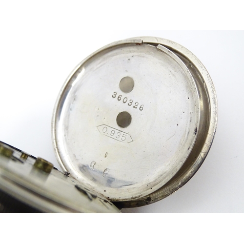 758 - A Swiss .925 silver pocket watch, the white enamel dial with subsidiary seconds dial at 6, signed  '... 