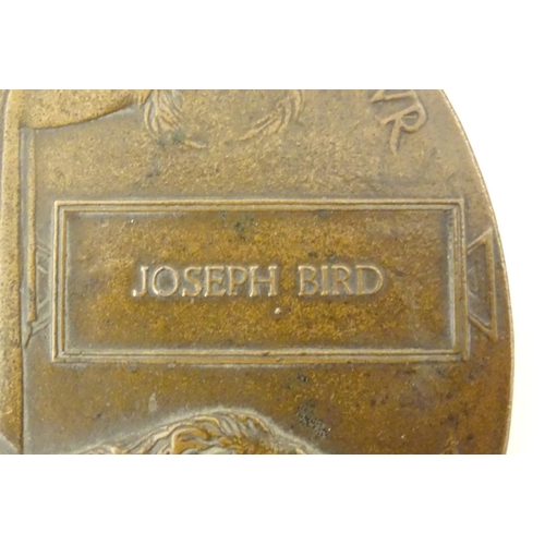 797 - Militaria , WW1 / WWI / World War One / First World War : a bronze 'death penny' death plaque to Jos... 