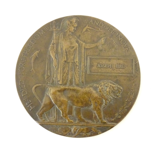 797 - Militaria , WW1 / WWI / World War One / First World War : a bronze 'death penny' death plaque to Jos... 