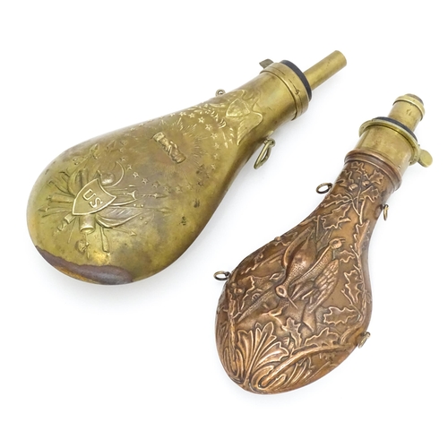 814 - A Victorian copper and brass powder flask by Handsome & Co, the spout with dram measure, the body em... 