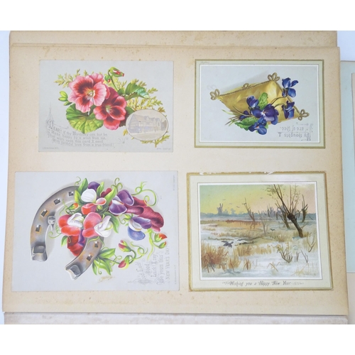 997 - A Victorian scrap album dated 1884, containing greetings cards and a pencil drawing depicting a cott... 