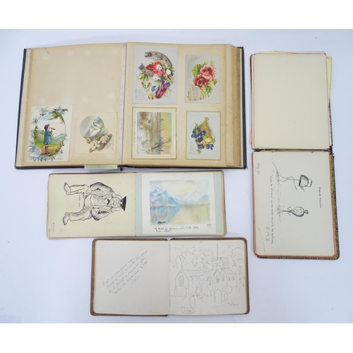 997 - A Victorian scrap album dated 1884, containing greetings cards and a pencil drawing depicting a cott... 