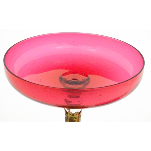 215 - A cranberry clear glass bell together with a glass tazza the base formed as an epergne / centrepiece... 