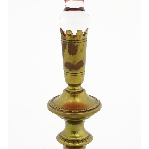 215 - A cranberry clear glass bell together with a glass tazza the base formed as an epergne / centrepiece... 