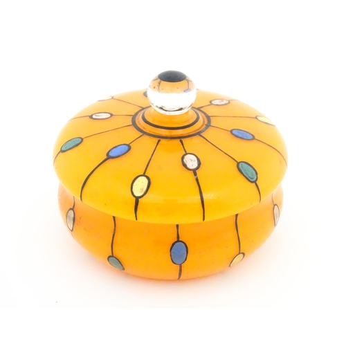 230 - A Continental retro glass powder bowl with orange body and cover and painted detail, inspired by the... 