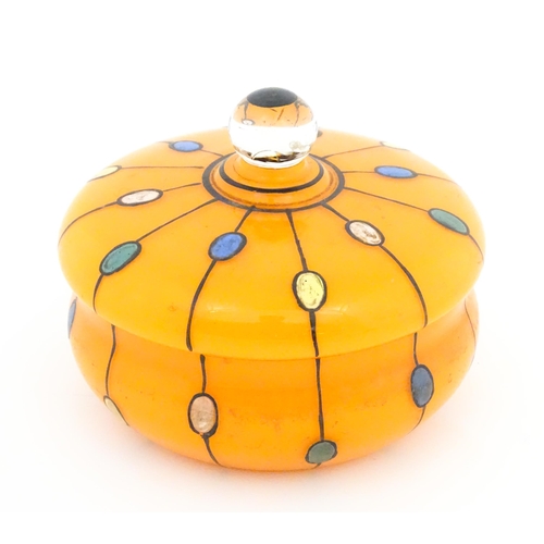 230 - A Continental retro glass powder bowl with orange body and cover and painted detail, inspired by the... 