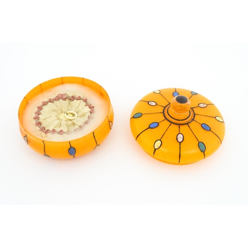 230 - A Continental retro glass powder bowl with orange body and cover and painted detail, inspired by the... 