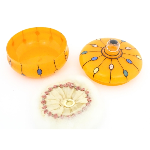 230 - A Continental retro glass powder bowl with orange body and cover and painted detail, inspired by the... 