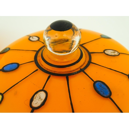 230 - A Continental retro glass powder bowl with orange body and cover and painted detail, inspired by the... 