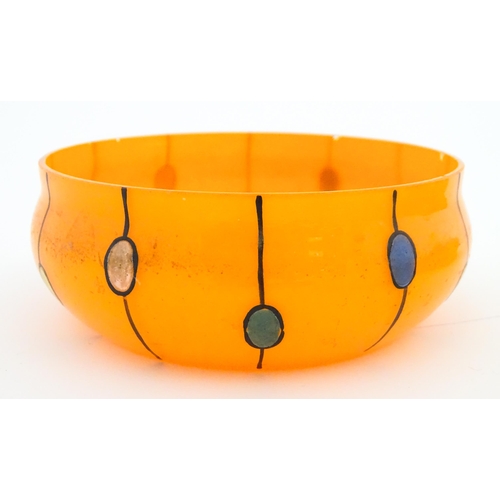 230 - A Continental retro glass powder bowl with orange body and cover and painted detail, inspired by the... 