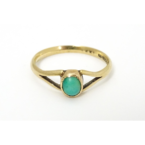 637 - A 9ct gold ring set with turquoise cabochon. Ring size approx. Q 1/2