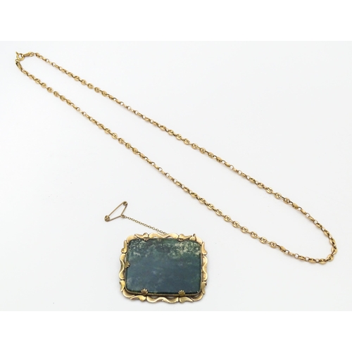 664 - A 9ct gold chain. Together with a yellow metal brooch set with moss agate. Chain approx. 18