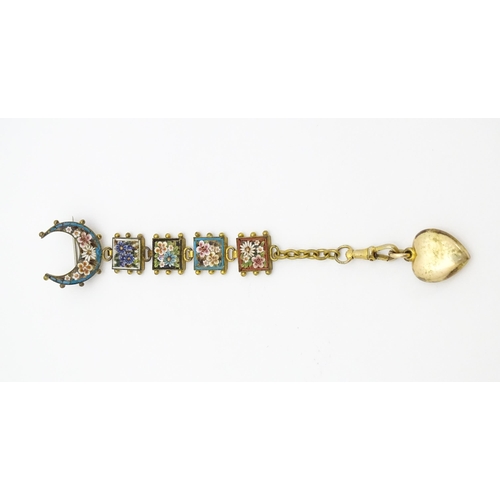 678 - A late 19th / early 20thC gilt metal fob watch hanger with micro mosaic detail. Approx. 4 1/2