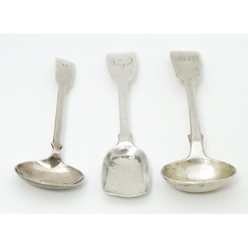 436 - Three various salt spoons comprising one of shovel form Hallmarked Dublin 1830 maker James Scott, on... 