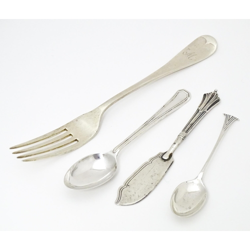 440 - Four silver items comprising a Victorian table fork hallmarked Sheffield 1891, maker John Round & So... 