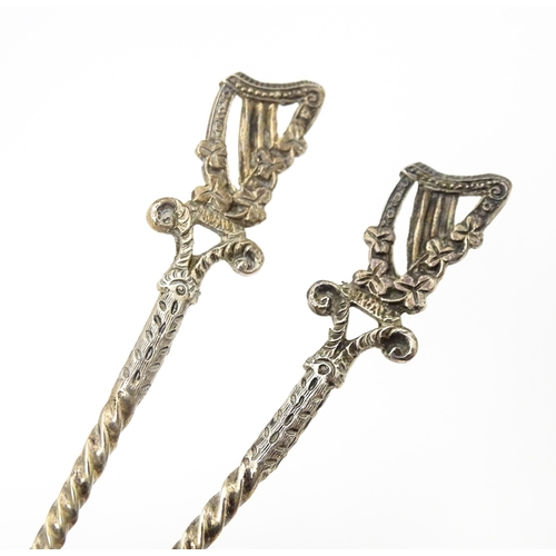 455 - A pair of Victorian silver teaspoons the handles surmounted by harp and shamrock decoration, hallmar... 