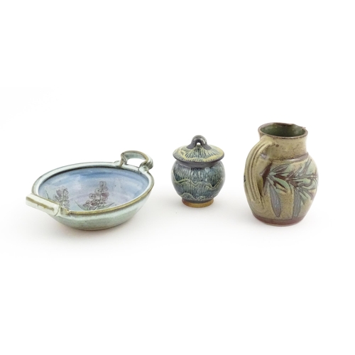 113 - Three items of studio pottery by Benjamin Eeles, comprising ju with floral detail, a twin handled bo... 