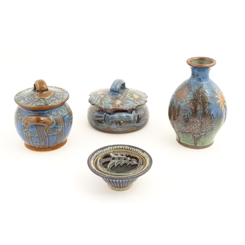 114 - Four items of studio pottery by Simon Eeles and David Eeles, comprising two twin handled pot and cov... 