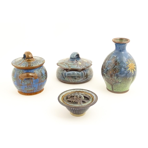 114 - Four items of studio pottery by Simon Eeles and David Eeles, comprising two twin handled pot and cov... 