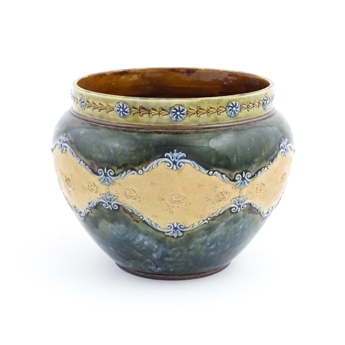 121 - A Royal Doulton Slaters patent stoneware jardiniere / planter with mottled blue / green glaze, the r... 